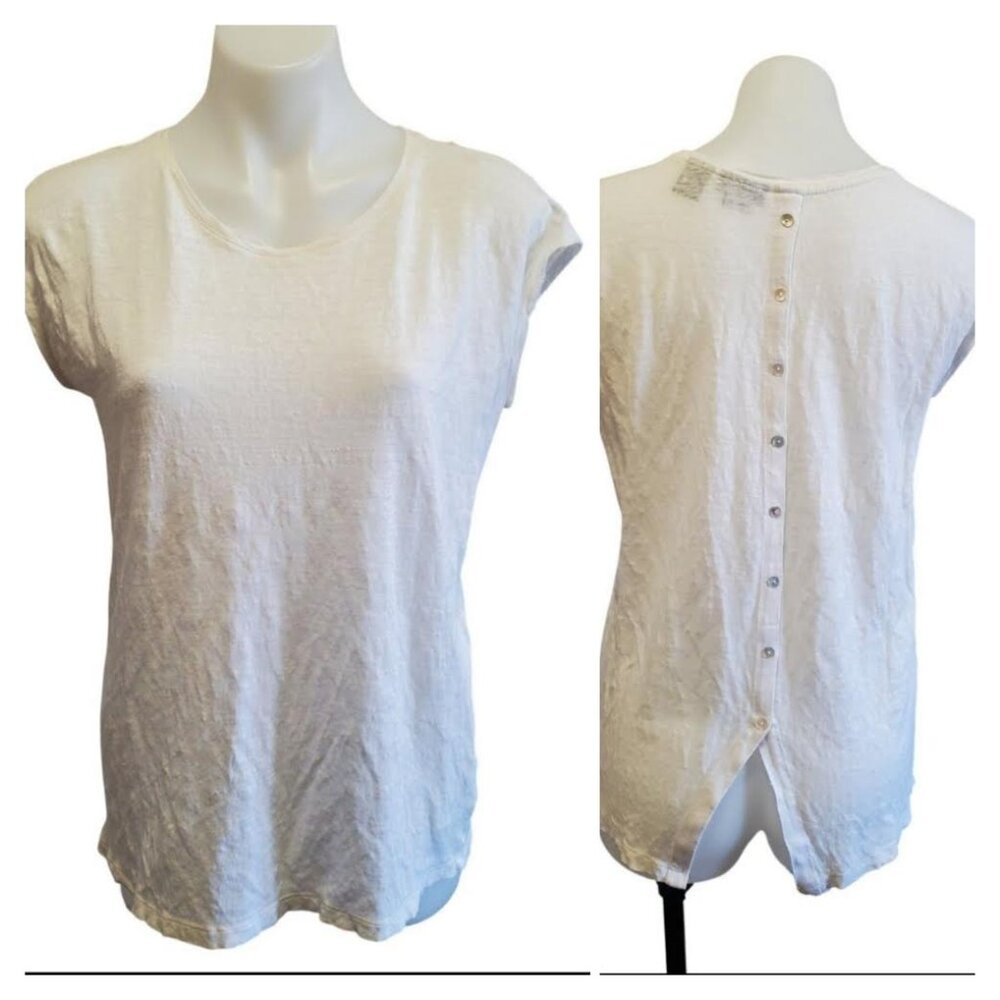 Tahari 100% Linen White Button Back Summer Minimalist Cap Sleeve Tee Medium